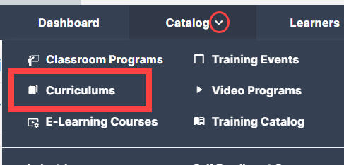 Catalog Curriculums menu